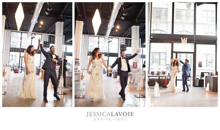 Bride and groom grand entrance at modern wedding reception