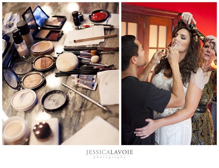Bride getting makeup and hair done before wedding ceremony
