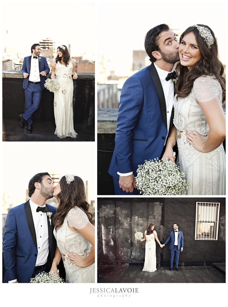 Bride and groom rooftop wedding portrait collage with romantic candid moments