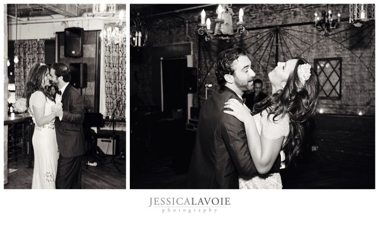 Bride and groom sharing romantic first dance during wedding reception