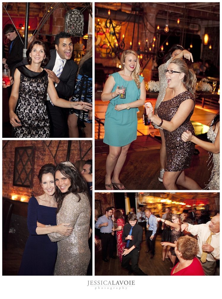 Wedding guests dancing and posing during lively reception party collage
