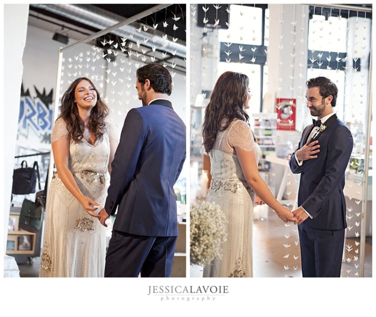 Bride and groom holding hands during emotional wedding first look moment