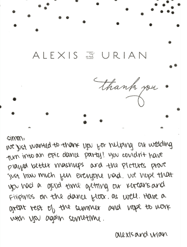 Wedding thank-you card from Alexis and Urian with handwritten message