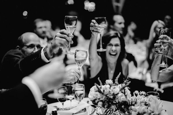 Wedding guests raising glasses during wedding reception toast celebration