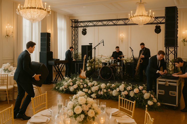 Elegant ballroom wedding reception with live band setting up on floral-lined stage.