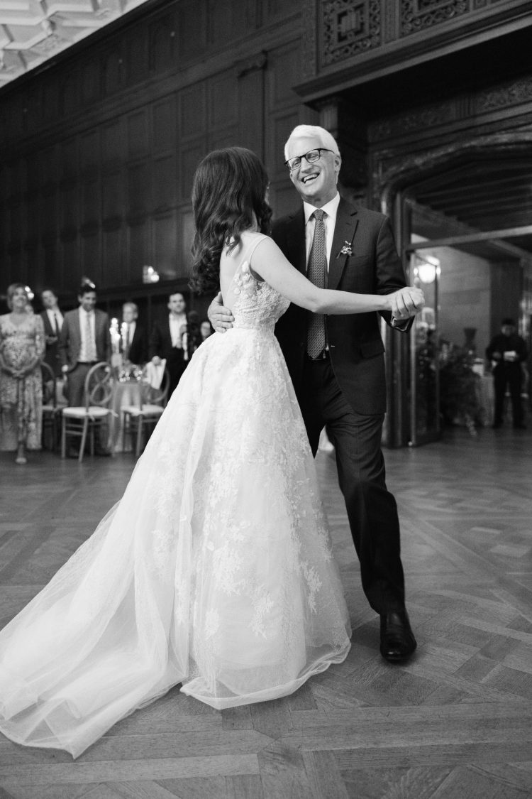Bride sharing father-daughter dance during wedding reception.