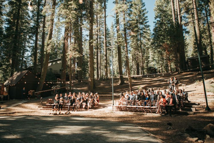 Wedding guests seated among tall trees during outdoor forest ceremony.