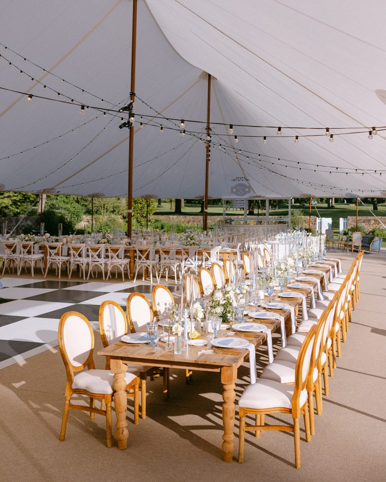 Elegant wedding reception setup with a light and airy feel.