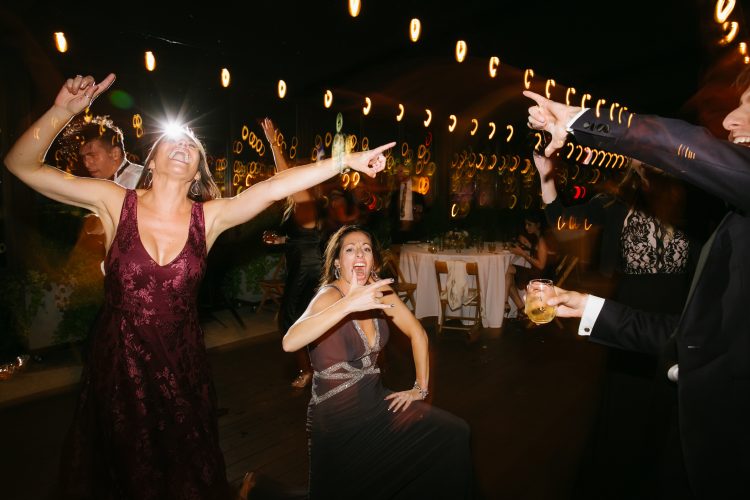 Wedding guests dancing and pointing toward DJ during reception celebration.